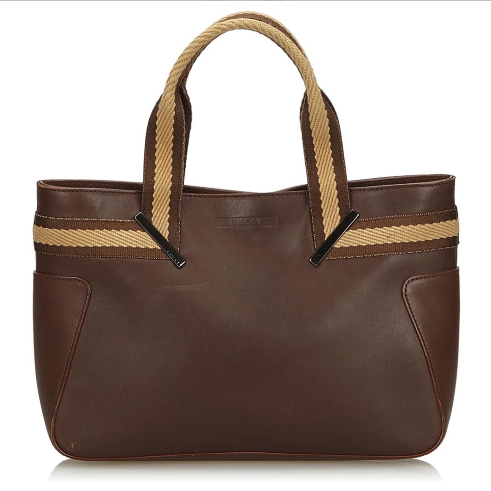 Gucci Brown Web Leather Tote Bag GUC